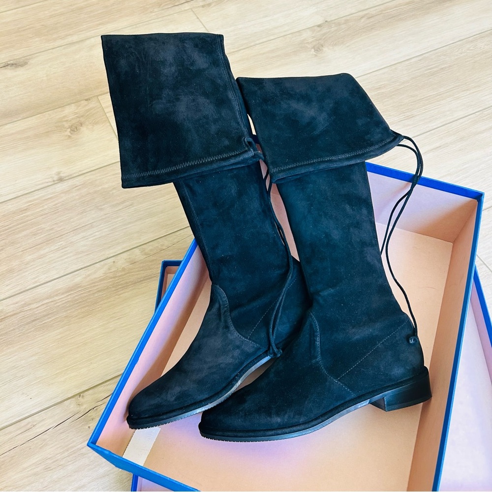 Stuart Weitzman Lowland Over the Knee Black Suede STR Boots Size 6.5 Like New